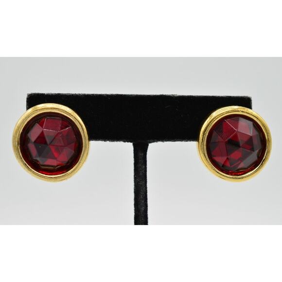Givenchy Vintage Crystal Clip On Earrings Red Faceted Rhinestone Signed 80s BinH - Picture 1 of 9